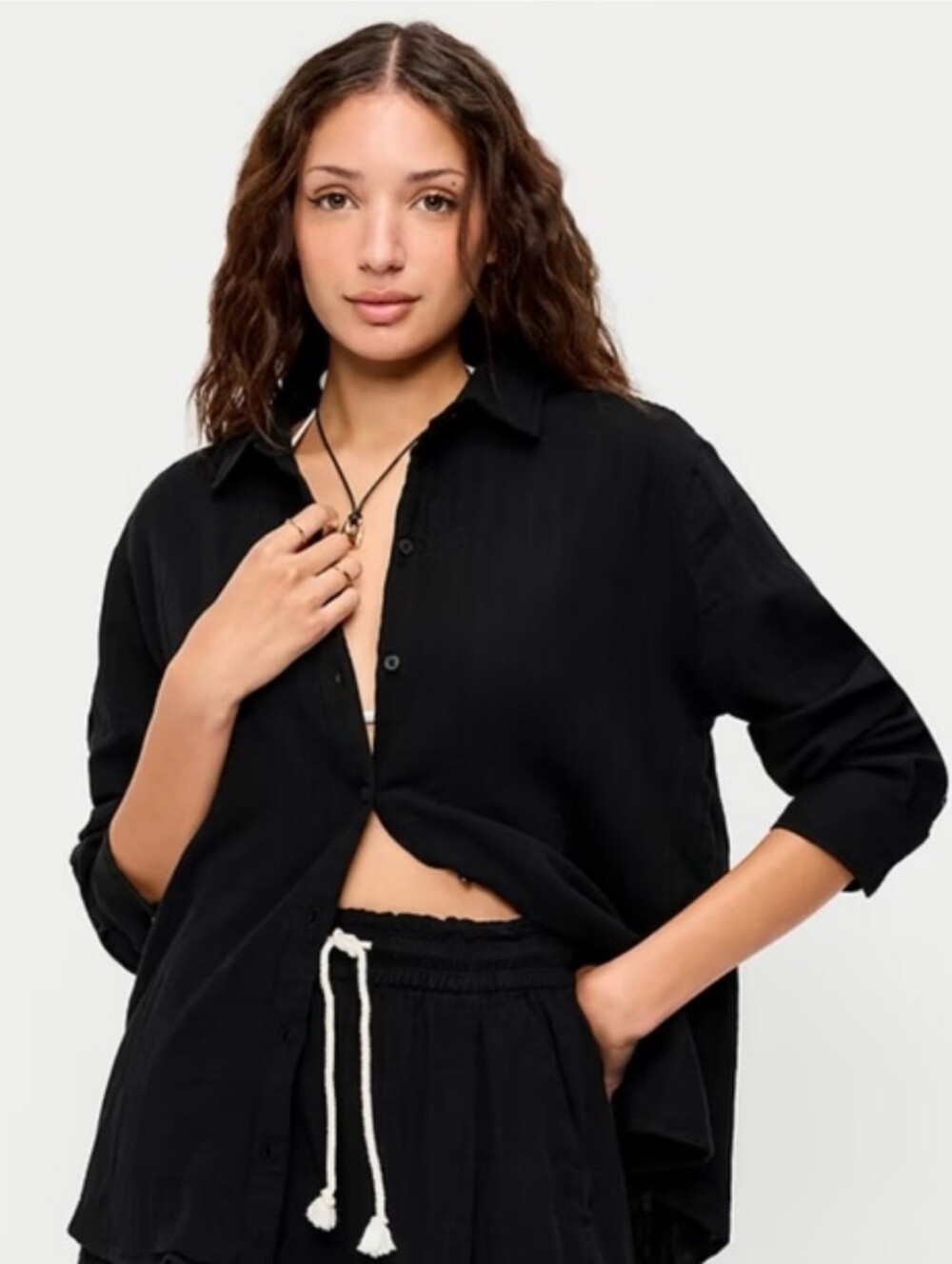 Old Navy Black Open Back Crinkle Gauze Button Down Shirt 100% Cotton Size Large